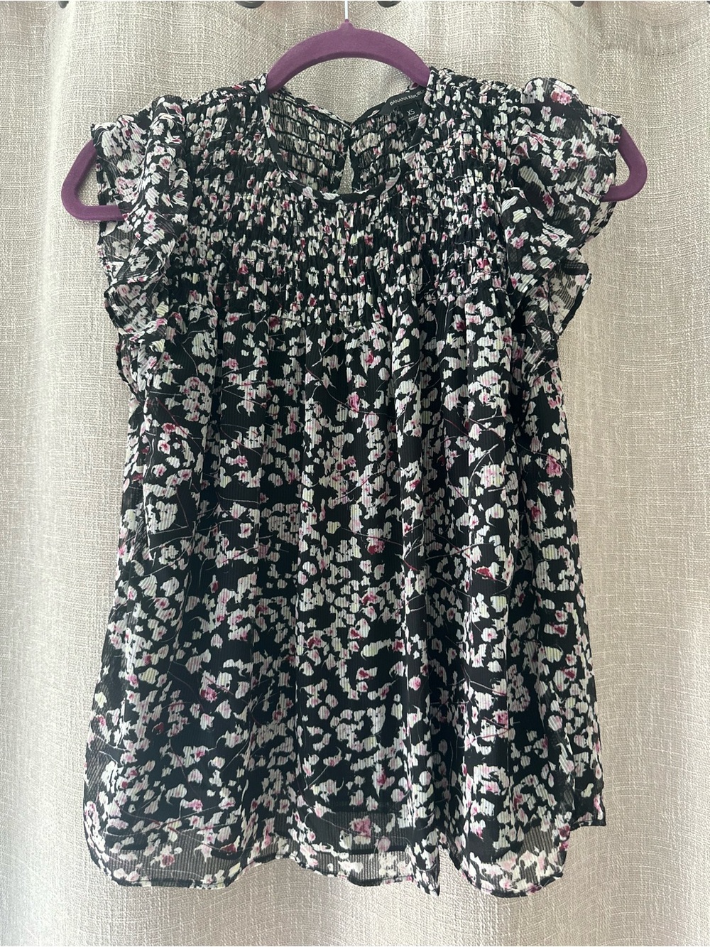 Banana Republic Black Floral Smocked Flutter Sleeve Blouse